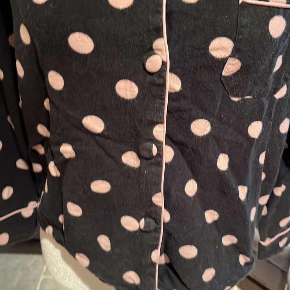 Dearfoams black & pink polka dot pajama pj set button down top pants Sz small - Picture 6 of 12